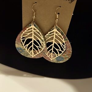 Beautiful floral fall, leather teardrop earrings with goldtone leaf insert nip